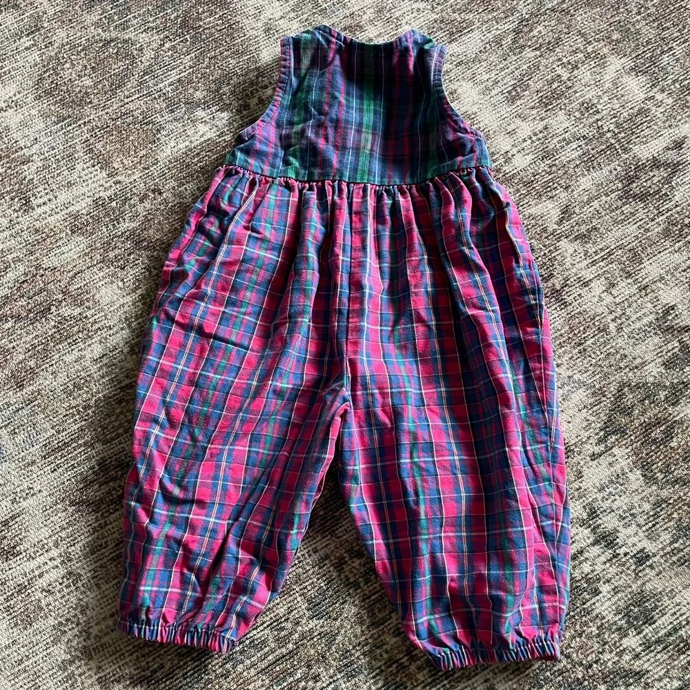OshKosh B'gosh Romper Pink Plaid Ruffle Heart Patch Baby Girl 6-9M Vintage